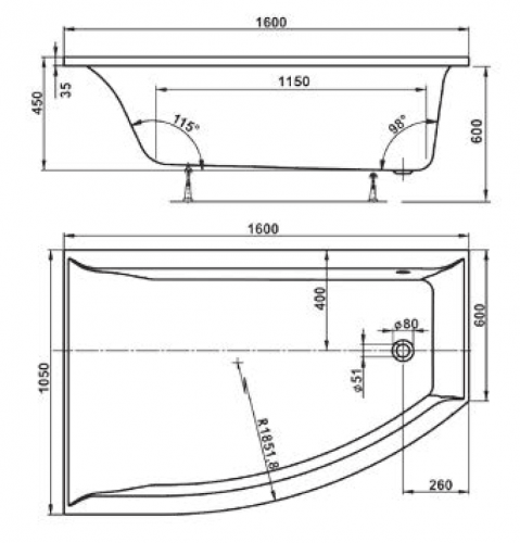 Акриловая ванна VAGNERPLAST VERONELA ASYMETRIC 1600x1050x450 см.  фото 2