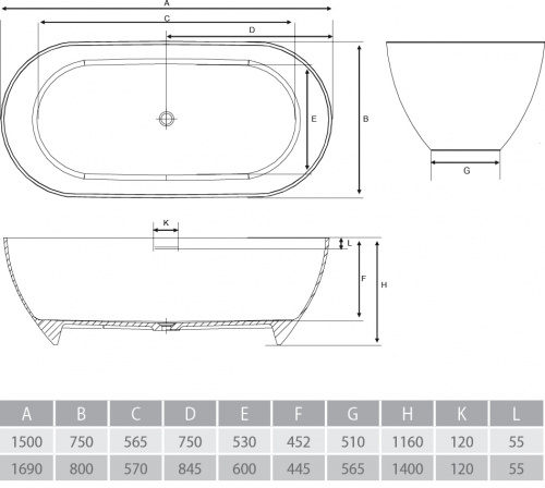 Ванна из литого мрамора ALPEN Palermo 150 фото 3